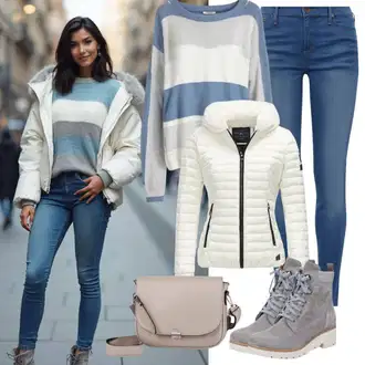Zimske Outfiti Kratka mit Temno modra/Modra/Bela Kardigan z okroglim izrezom/Fini Pleteni Pulover/Pulover z Okroglim Izrezom/Črtasti Pulover koton "Jesenski videz"