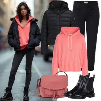 Ulična moda outfit mit Črna/Škrlatna/Roza Elegantni Pulover s kapuco/Pulover s kapuco/Športni Pulover s kapuco/Pulover/Uniseks Pulover s kapuco/Vintage Pulover s kapuco pequs "Jesenski videz"Look: Ulična moda, Unisex, Resna, Športno