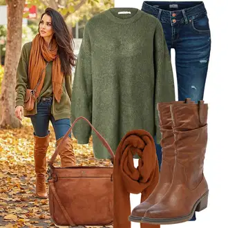 Outfit s Béžová/Hnědá Špičatá Kozačka/Vintage kozačka/Bota se širokým nohavici/Jezdecká Bota/Kovbojská Bota/Klasická kozačka Mustang "Trendový podzimní outfit"
