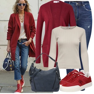 Italský Outfit s Červená/Tmavě červená Teniska Kožené Tenisky/Nízká Teniska/Skate Bota/Úzká Teniska/Teniska teddy/Vintage Teniska Tommy Hilfiger "Podzimní outfit pro každý den"Look: Hip Hop, Italský, Skater, Sportovní, Unisex