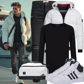 Outfit mit Schwarz/Dunkelgrau Jeans mit Loch/Lederjacken/Jeans mit Schlitz/Jeans-Culotte Indicode "Leisure Outfit"