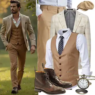 Outfit mit Braun/Beige/Khaki Elegante Weste/Lange Weste/Businessweste/Modern Pullunder/Trachtenweste witt "Mafia Outfits"