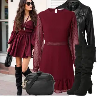 Výstřih na ramena Outfit s Fialová/Tmavě červená/Červená/Růžová Šaty na Podzim/Zimní šaty s dlouhým rukávem/Pouzdrové Šaty S Dlouhým Rukávem/Šaty Ze Síťoviny About You "Cool podzimní outfit"