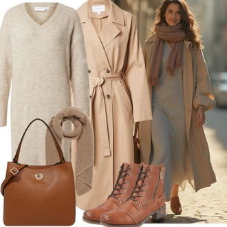 Outfit s Hnědá/Khaki/Béžová Trenčkot/Letní Kabát/Kašmírový Kabát/Trenčkot/Dlouhý kabát/Midi Kabát/Dlouhý Kabát Vila "Podzimní Look"