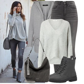Výstřih na ramena Outfit s Šedá/Světle šedá Pletenina veľkej veľkosti/Kabát/Mikina VERO MODA "Podzimní outfit pro každý den"