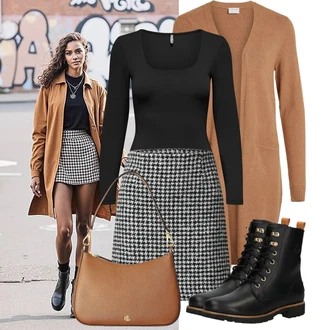 Outfit s Černá Kozačka Šněrovací Kotníková Bota/Bojová Bota/Motorkářská bota/Plochá Kotníková Bota/Kotníková Bota s Podšívkou/Kožená bunda/Kožená kotníková bota/Klasická Kozačka Panama Jack "Outfit na podzim"
