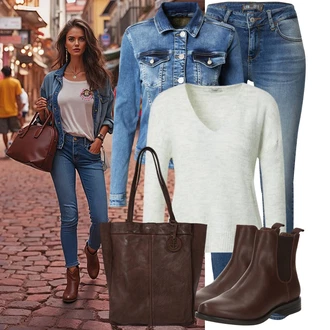 Cool Outfit s Modrá/Světle modrá Džínové Bund/Krátké Džínové Bundičky Gang "Trendový podzimní outfit"Look: 90tá léta, Cool, Kovbojka, Mom, Krásný, Univerzitní, Western