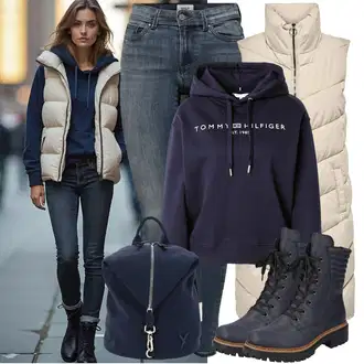 Outfit s Modrá/Tmavě Modrá Kozačka Šněrovací Kotníková Bota/Motorkářská bota/Bojová Bota/Kotníková Bota s Podšívkou Rieker "Outfit na podzim"