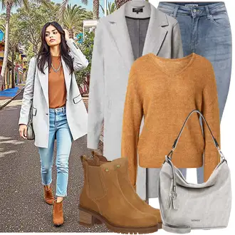 Outfit s Šedá/Světle šedá Kabát s Úzkým Střihem/Kašmírový Kabát/Pletený Kabát/Midi Kabát/Zimní Kabát Vlněný kabát/Blazerový Kabát/Vlněný Fleecový Kabát/Lehký Kabát/Pletený Fleecový Kabát Only "Módní vzhled na podzim"