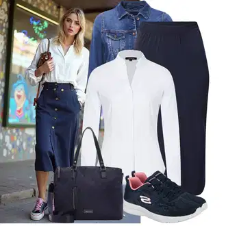 Outfit s Modrá/Tmavě modrá Tužková sukně/Elastická Sukně/Sukně Pro Matriku/Sukně Pro Vysokou Školu/Křesťanská Sukně/Sukně Pro Školní Uniformu/Sukně S Délkou Ke Kolenům/Moderní Sukně/Midi Sukně/Sukně do Délky Lýtka Kaffe "Podzimní outfity"