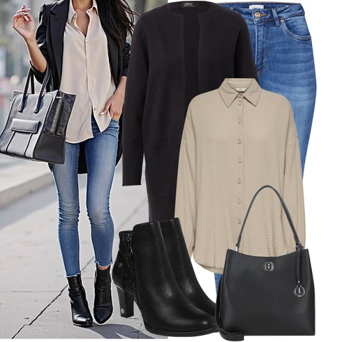 Kombinace Hnědá/Béžová/Khaki Halenkové Body/Manšestrová Halenka/Blůza s knoflíčkem/Halenka s Dlouhým Rukávem/Oversize Halenka/Oversize Muselínová Blůza Only kombinovat s Černá Pletenina veľkej veľkosti Only