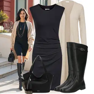 Outfit s Černá Pouzdrová Šat/Šaty Ze Síťoviny/Pouzdrové Šaty/Pletené Šaty/Šaty s Kapsou/Žerzejové Šaty/Šaty Bez Rukávů/Šaty S Rovným Střihem Kaffe "Cool podzimní outfit"