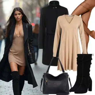 Outfity pro zábavu Elegantní s Černá Kozačka Na Podpatku/Dlouhá Kozačka/Kozačka nad Kolena/Bota se širokým nohavici/Špičatá Kozačka/Kozačka po Kolena About You "Módní podzimní vzhled"Look: 20 léta, Elegantní, Cool, Příliš oblečený, Nadrozměrné