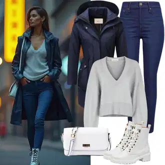 vypchaný Outfit sa Tamnoplava/Plava Kožna Jakna/Zimska jakna/Push-up Traperice/Kožne Cipele/High Waist Traperice/Termo Traperice Noisy may "Odjeća za jesen"