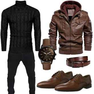 Motorrad Outfit mit Dunkelbraun/Khaki/Braun Bikerjacke/Vintage Lederjacke/Herbstjacke/Jacke mit Seitlichem Reißverschluss/Kapuzenjacke/Kunstlederjacke/Leder Bomberjacke/Lederjacke CARWORNIC "Old Money Style"Look: Wandern, Motorrad, Arbeits, Trekking, Reiten