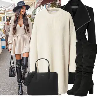 Zima Outfit s Černá Kozačka Na Podpatku/Dlouhá Kozačka/Kozačka nad Kolena/Bota se širokým nohavici/Špičatá Kozačka/Kozačka po Kolena About You "Vkusný podzimní outfit"