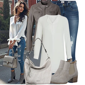 Výstřih na ramena Outfit s Šedá/Bílá/Fialová/Krémová Tunikové Tričko/Elegantní Tunika/Klasická tunika/Dlouhá Halenka Vila "Stylový vzhled pro volný čas"
