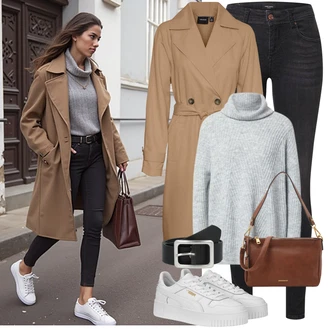Outfit s Hnědá/Béžová/Khaki/Šedá Trenčkot/Letní Kabát/Trenčkot VERO MODA "Outfit na podzim"