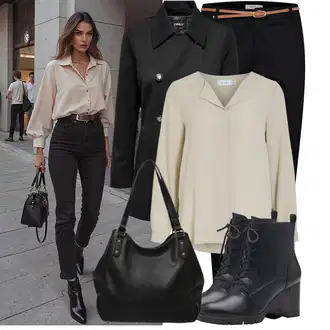 Na Procházku Outfit s Béžová/Hnědá/Khaki Slip-on Halenka/Halenka s Dlouhým Rukávem/Blůza s knoflíčkem/Halenka se Stojatým Límcem/Hedvábná Halenka/Businessová Halenka/Kožená bunda pro muže Vila "Outfit na podzim"Look: Volný čas, Baseball, Pracovní, Na Procházku, Jízda na koni