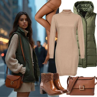 Babydoll, Styl Outfit s Béžová/Hnědá/Khaki/Oranžová Šaty S Rolákem/Svetrové Šaty/Zimní Pletené Šaty/Pletené Šaty in the Style "Outfit pro podzim"Look: Styl, Old Money