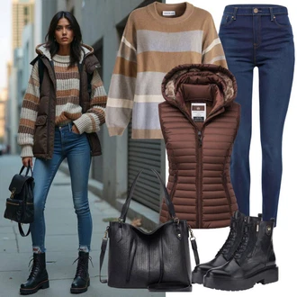 Outfit s Khaki/Tmavě hnědá/Hnědá/Černá Kordová Vest/Krátká Vest/Lidová Vest bershka "Outfit pro podzim"