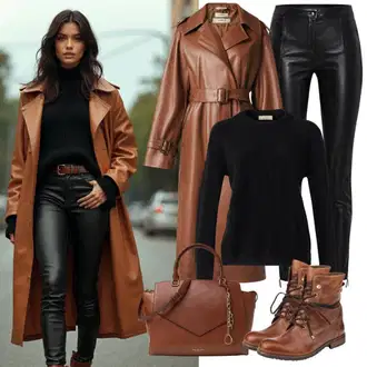 Outfit s Hnědá/Béžová/Oranžová Kabát z Jehněčí Kůže/Trenčkot/Umělá Kůže Kabát/Kožený Kabát/Trenčkot Maze "Outfit pro podzim"