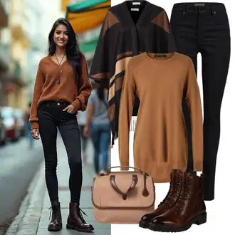 outfit mit Temno siva/Rjava/Črna Plašč iz Bukleja/Plašč iz Tvida/Dolg Plašč/Oversize Plašč/Pelerina/Volneni Plašč/Pleten Plašč iz Flisa/Plašč iz Kašmirja/Volnen Zimski Plašč/Dolg plašč/Pleteni Plašč/Cape herskind "Outfit za jesen"
