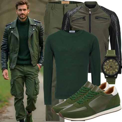 DunkelGrün/Grün SchlupfJacke/BikerJacke/MotorradJacke/LederJacke/Vintage LederJacke/Jacke mit Seitlichem Reißverschluss Diesel Black Gold kombinieren
