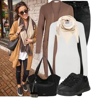 Outfit s Hnědá/Béžová/Bílá/Khaki Bandana/Pokrývka hlavy Šátek na hlavu/Šál About You "Podzimní Look"
