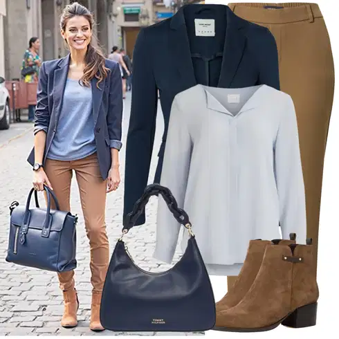 Kombinace Světle modrá/Modrá Dlouhá Halenka/Halenka s Dlouhým Rukávem/Slip-on Halenka/Blůza s knoflíčkem/Halenka se Stojatým Límcem/Tunikové Tričko/Oversize Halenka Vila kombinovat s Hnědá/Béžová/Khaki Kalhoty s Vysokým Pasem/Skinny Kalhoty/Bengaline Kalhoty/Navlékací Kalhoty/Strečová Kalhoty/Úzká Kalhoty/Mušelínové kalhoty/Kalhoty se Štěrbinou VERO MODA