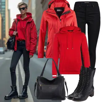 Outfit s Červená/Tmavě červená Udržitelná bunda/Ripstop bunda/Lehké Bund/Plachtařská bunda/Nylonová bunda/Bunda s Kapucí/Funkční Bunda/Letní Bund/Outdoorové Bundy/Sbalitelné Bund/Větrovka Khujo "Perfektní pro podzim"