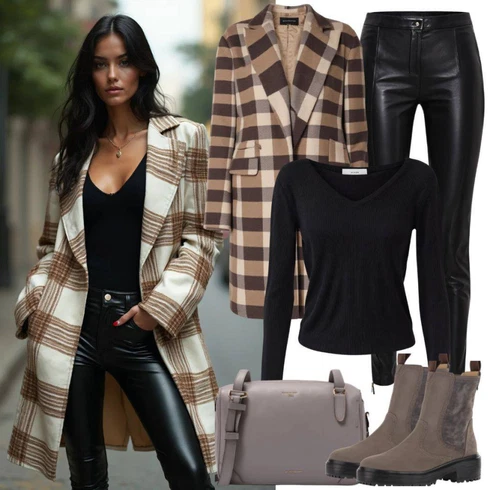 Kombinace Elegantní Černá/Bílá Kalhoty Legíny Kožený Vzhled/Kožený legíny/Vinylový Legín/Kožená Kalhoty/Kalhoty z Umělé Kůže EditedLook: Elegantní, Krásný, Old Money, Bezešvé, S Mokrým Vzhledem