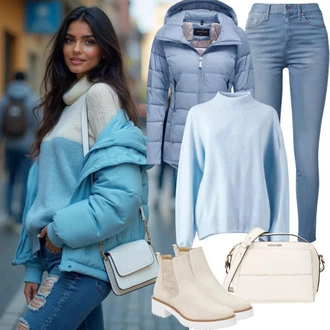 Atraktivní outfity Vánoce s Světle modrá Kašmírový Svetr/Mohair Pullover/Svetr Niki/Norský Svetr/Vintage svetr/Zimní Svetr/Vlněný Svetr/Svetr s límečkem Pieces "Perfektní pro podzim"Look: Vánoce, Koncert, Chatky, Výročí, Valentýn