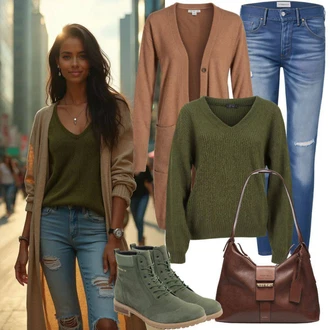 Outfit s Hnědá/Khaki/Šedá/Béžová Kardigan Kašmírový kardigán/Zavinovací svetr Object "Perfektní pro podzim"