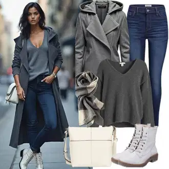 Outfit s Tmavě modrá/Světle šedá/Tmavě šedá/Černá/Šedá Zimní Kabát Vlněný kabát/Pletený Fleecový Kabát/Vlněný Fleecový Kabát/Tweedový Kabát/Kabát Bouclé Tom Tailor Denim "Perfektní pro podzim"