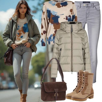Dlouhé Zima Outfit s Šedá/Krémová Motorkářské Džíny/Kožené Boty/Push up Džín/Džíny s Dírou/High Waist Džínové Kalhoty/Capri Džíny/Kožená bunda/Džíny s Rozparkem Only "Podzimní oblečení"