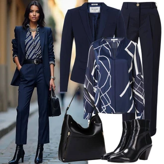 Výstřih na ramena Outfit s Černá/Tmavě modrá Halenka se Stojatým Límcem/Hedvábná Halenka/Oversize Halenka/Saténová Halenka Edited "Podzimní outfit"