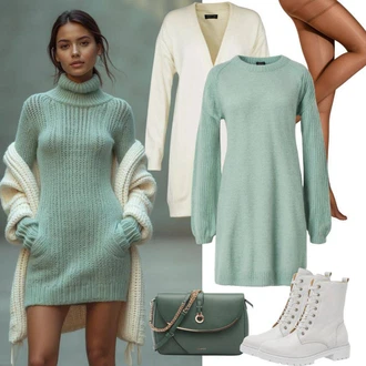 Outfit s Zelená/Světle zelená/Světle modrá Zavinovací Šaty/Pletené Šaty/Společenské šaty pro hosta/Svetrové Šaty/Občanské šaty/Šaty s dlouhým rukávem Envii "Podzimní vzhled"
