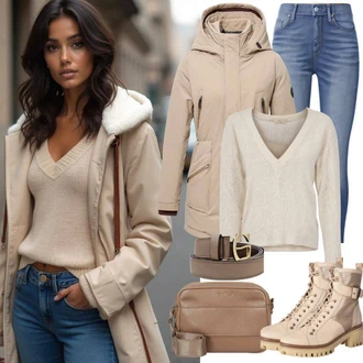 Outfity s botami Krátká Hunting s Hnědá/Béžová Dřevorubecká bunda/Košilová bunda About You "Pohodlný zimní outfit"Look: Jízda na koni, Hunting, Volný čas