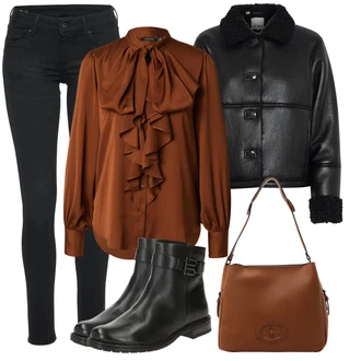 Stari denar outfit mit Črna/Temno siva Kavbojke Usnjena Jakna/Motoristične Kavbojke/Kavbojke z Razporkom/Kavbojka z Nizkim Pasom/Kavbojka z Nizkim Pasom/Push up Kavbojke/Ozke Kavbojke/Usnjene Čevlje Pepe Jeans "Popoln za jesen"Look: Stil, Kul, Lepo, Stari denar, Zunaj