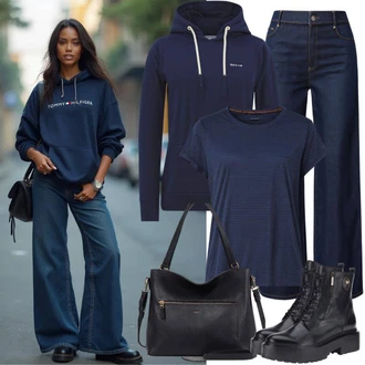 Outfity pro práci Zima s Černá Šněrovací Kotníková Bota/Kožená bunda/Vycpaná kozačka/Gumová Kotníková Bota/Bojová Bota/Klasická kozačka/Plochá Kotníková Bota/Kozačka se zipem About You "Popoln za jesen"