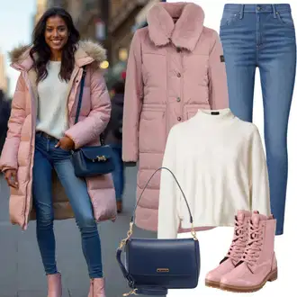 Naguban ovratnik outfit mit Bež/Bela/Roza Jakna iz Umetnega Krzna/Krznena jakna/Bouclé Jakna/Teddy jakna/Pernata Jakna answear lab "Popolno za prosti čas"