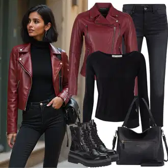Outfit s Fialová/Červená/Tmavě červená/Hnědá/Vínová Motorkářská bunda/Motorkářské Bund/Kožené Bund Kožená vintage bunda/Bunda z Umělé Kůže/Kožené Bund Freaky Nation "Praktický vzhled"
