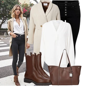 Výstřih na ramena Outfit s Bílá/Krémová Halenka Blůza s knoflíčkem/Halenka s Dlouhým Rukávem/Halenka se Stojatým Límcem/Slip-on Halenka/Oversize Halenka SELECTED FEMME "Cool podzimní outfit"