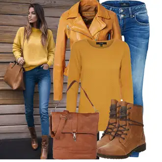 Outfit s Žlutá/Oranžová/Hnědá Motorkářské Bund/Kožené Bund Bunda z Umělé Kůže/Kožené Bund/Motorkářská bunda/Kožená vintage bunda Freaky Nation "Podzimní Look"