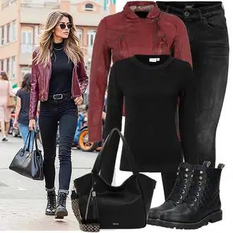 Outfit s Červená/Tmavě červená Kožené Bund Kožená vintage bunda/Kožené Bund/Motorkářská bunda/Motorkářské Bund/Bunda z Umělé Kůže Oakwood "podzimní outfit pro každý den"