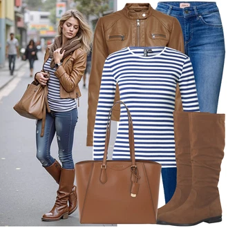 Kovbojka Outfit s Hnědá/Béžová/Tmavě hnědá Plochá Kozačka nad koleno/Bota se širokým nohavici/Jezdecká Bota/Dlouhá Kozačka/Kozačka po Kolena/Klasická Kozačka Tamaris "Podzimní outfit pro každý den"Look: Cool, Kovbojka, Nadrozměrné, Safari, Western