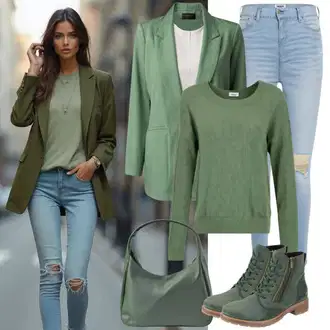 Ležerno Outfit sa Svjetlozelena/Zeleno Odijelo Oversize Sako/Kožna Jakna za Muškarce/Boyfriend Sako/Kožna jakna za muškarce/Kratki Sako Noisy may "Savršeno za jesen"Look: Pametno ležerno, Chic, Egirl, Šik, Transparentan, Ležerno, klasický