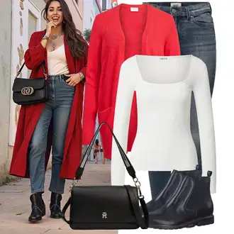 Outfit s Černá/Tmavě červená/Modrá Chelsea Boty/Kožená bunda/Plochá Kotníková Bota Tamaris "Podzimní outfity"