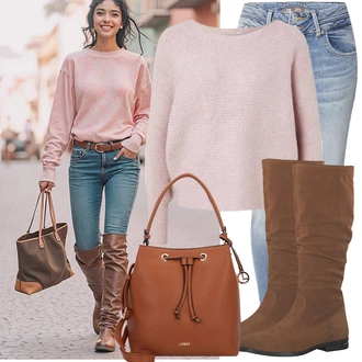 Kovbojka Outfit s Hnědá/Béžová/Tmavě hnědá Plochá Kozačka nad koleno/Bota se širokým nohavici/Jezdecká Bota/Dlouhá Kozačka/Kozačka po Kolena/Klasická Kozačka Tamaris "Cool podzimní outfit"Look: Cool, Kovbojka, Nadrozměrné, Safari, Western